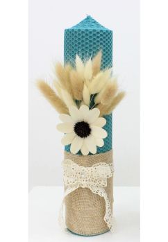 Lumanare botez, tip fagure, din ceara naturala, cu floricica, turcoaz, 30cm