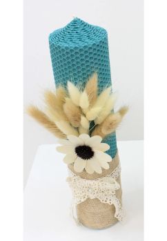 Lumanare botez, tip fagure, din ceara naturala, cu floricica, turcoaz, 30cm