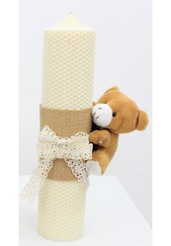 Lumanare botez, tip fagure, din ceara naturala, ursulet, crem, 30cm