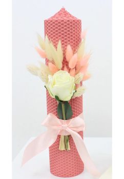 Lumanare botez, tip fagure, Rose, din ceara naturala, roz, 30cm