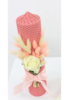 Lumanare botez, tip fagure, Rose, din ceara naturala, roz, 30cm
