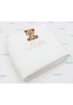 Paturica Anna tricotata, cu ciucuri, personalizata, Teddy bear, diverse culori, 80x100cm