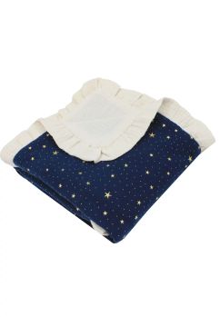 Paturica dubla muselina, Metalic Stars cu volanas, bleumarin, 100x80 cm