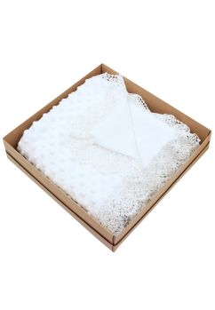 Paturica minky verso muselina, cu dantela, alb, 100x80 cm