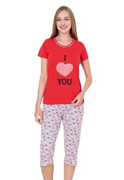 Pijama femei, pantalon 3/4, bumbac, I love you, rosu cu gri