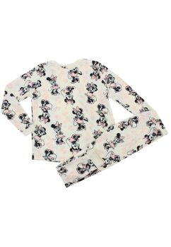 Pijama femei velur, maneca lunga, poliester, Minnie cu fundita, crem