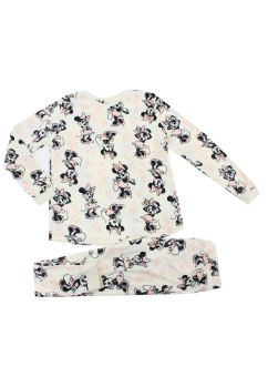 Pijama femei velur, maneca lunga, poliester, Minnie cu fundita, crem