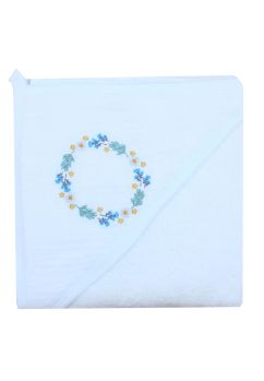 Prosop cu gluga, bumbac si muselina, floricele albastre, alb, 80 x 100 cm