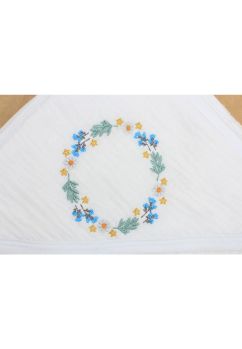Prosop cu gluga, bumbac si muselina, floricele albastre, alb, 80 x 100 cm