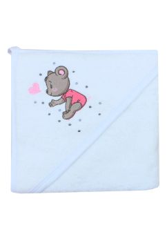 Prosop cu gluga, bumbac, Teddy bear Pink, alb, 80 x 100 cm