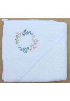 Prosop cu gluga, Cleo, bumbac si muselina, frunzulite, alb, 80 x 100 cm
