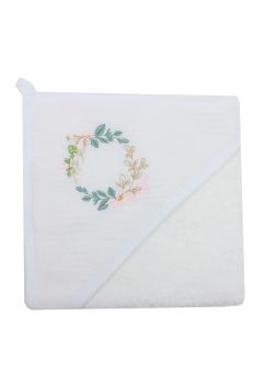 Prosop cu gluga, Cleo, bumbac si muselina, frunzulite, alb, 80 x 100 cm