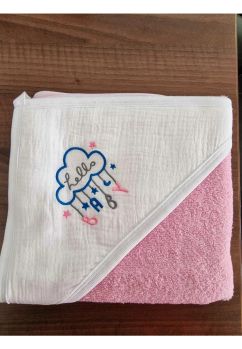 Prosop cu gluga, hello baby, muselina si bumbac, roz, 80x100 cm