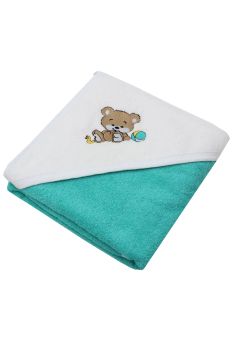 Prosop cu gluga, Ursulet cu minge, bumbac, turcoaz, 80 x 100 cm