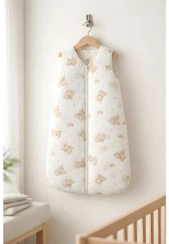 Sac de dormit, fara umplutura, urs crem pe nor, doua straturi bumbac, alb