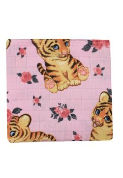 Scutec muselina bumbac, Little tiger, roz, 75x70 cm