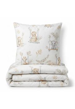 Set 2 piese, fata plapuma si fata perna, animale pe leagan, bumbac, crem, 100x135 cm