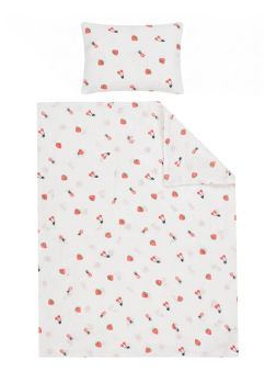 Set 2 piese, plapumioara si perna, muselina, bumbac organic, Capsuni si cirese, 120x60 cm, alb