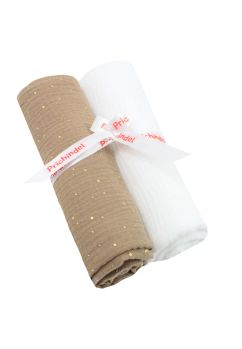 Set 2 scutece, muselina, Metalic dots, bej cu alb, 80 x 67 cm