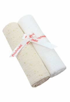 Set 2 scutece, muselina, Metalic dots, ivory cu alb, 80 x 67 cm