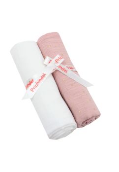 Set 2 scutece, muselina, Metalic dots, roz cu alb, 80 x 67 cm
