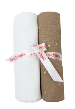 Set 2 scutece, muselina, Metalic stars, bej cu alb, 80 x 67 cm