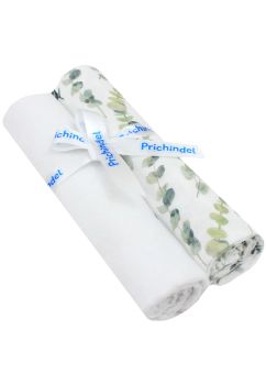 Set 2 scutece, muselina si finet, green leaves, alb, 65 x 80 cm