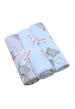 Set 3 scutece, bumbac, Ursulet pe norisor, roz cu crem, 80x70cm