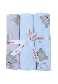 Set 3 scutece, bumbac, Ursulet pe norisor, roz cu crem, 80x70cm