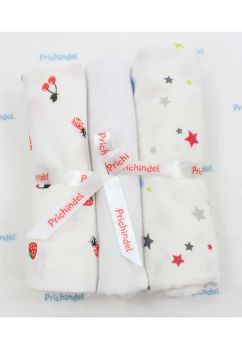 Set 3 scutece, capsuni si stelute colorate, muselina si finet, bumbac, 80x67cm