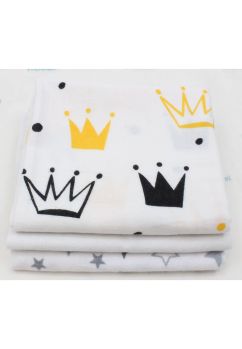 Set 3 scutece, coronite galbene si stelute gri, flanel bumbac, multicolor, 80x70cm