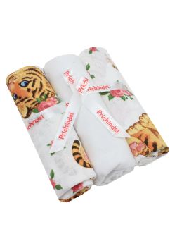 Set 3 scutece, Little tiger, muselina si finet, bumbac, alb, 75x70cm