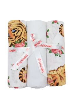 Set 3 scutece, Little tiger, muselina si finet, bumbac, alb, 75x70cm