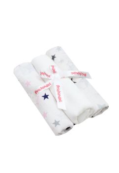 Set 3 scutece, muselina, alb cu stelute gri si alb cu stelute bluemarin, 75 x 70 cm