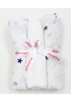 Set 3 scutece, muselina, alb cu stelute gri si alb cu stelute bluemarin, 75 x 70 cm