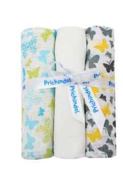 Set 3 scutece, muselina, Butterfly galben si turcoaz, 75 x 70 cm