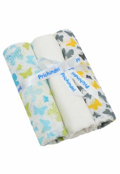 Set 3 scutece, muselina, Butterfly galben si turcoaz, 75 x 70 cm