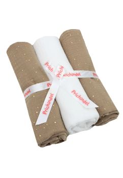 Set 3 scutece, muselina, Metalic dots, bej cu alb, 80 x 67 cm