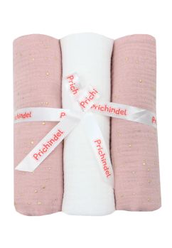 Set 3 scutece, muselina, Metalic dots, roz cu alb, 80 x 67 cm