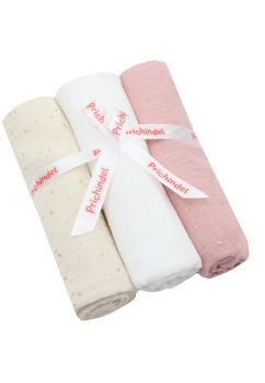 Set 3 scutece, muselina, Metalic dots, roz cu ivory, 80 x 67 cm