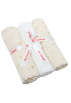 Set 3 scutece, muselina, Metalic stars, ivory cu alb, 80 x 67 cm