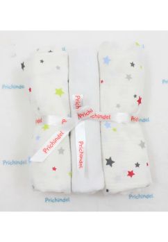 Set 3 scutece, stelute colorate, muselina si finet, bumbac, 80x67cm