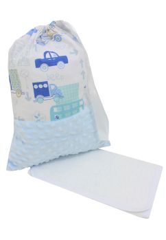 Set gradinita, saculet si prosopel, personalizat, minky albastru cu masinute Beep