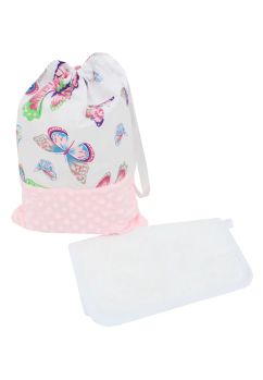 Set gradinita, saculet si prosopel, personalizat, minky roz cu butterfly, roz