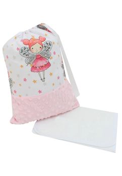 Set gradinita, saculet si prosopel, personalizat, minky roz si printesa fluture