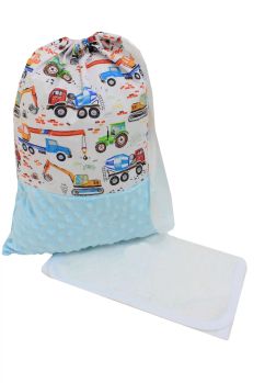 Set gradinita, saculet si prosopel, personalizat, minky turcoaz cu tractoare