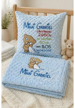 Set paturica si perna minky, Ursulet, personalizate, diverse culori