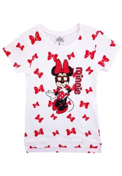 Tricou tip tunica, Minnie cu fundite rosii, bumbac, alb