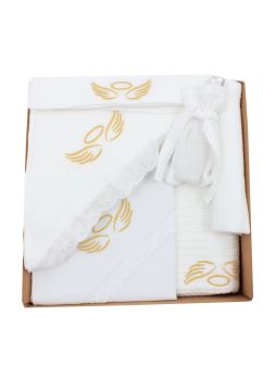 Trusou botez, 7 piese, Aripi de ingerasi auriu, bumbac, alb