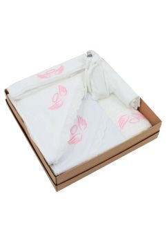 Trusou botez, 7 piese, Aripi de ingerasi roz, bumbac, alb
